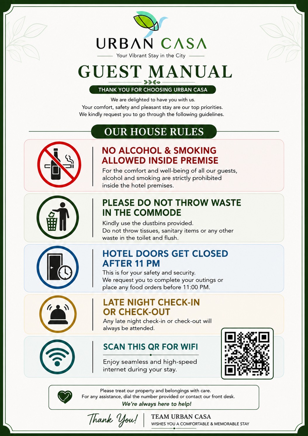 The Urban Casa guest manual card listing the house rules and the Wi-Fi QR code